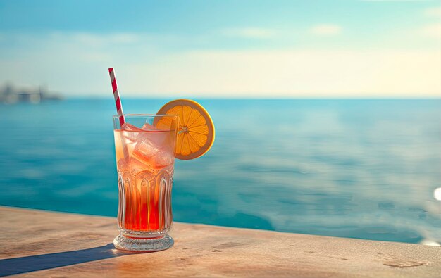 Cóctel con naranja sobre el fondo del mar IA generativa