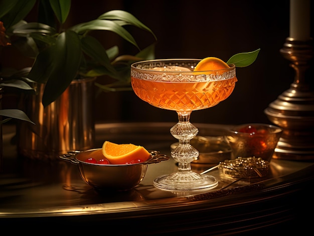 Cóctel con naranja en un vaso sobre un fondo dorado
