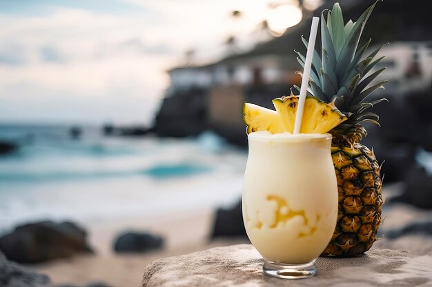 Cóctel de Pina Colada en un hermoso paisaje tropical de fondo Ilustración generativa de IA