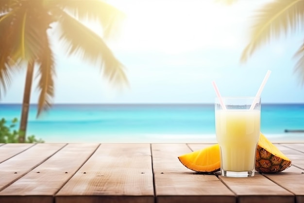 Cóctel de piña colada en mesa de madera y playa paradisíaca con el mar de fondo Copiar espacio Ai generativo