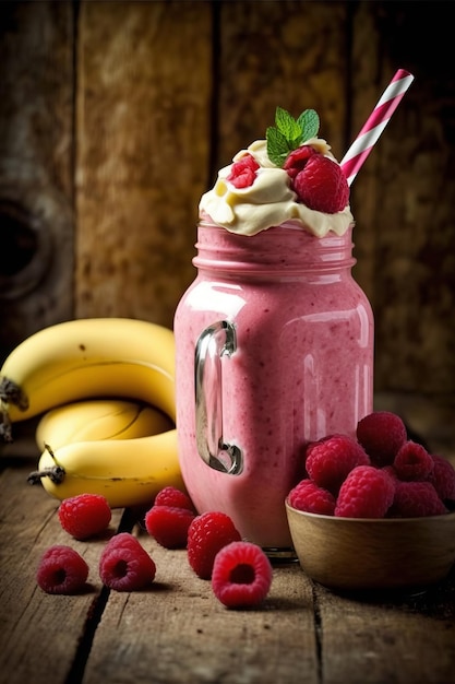 Cóctel de plátano y frambuesas frescas con yogur