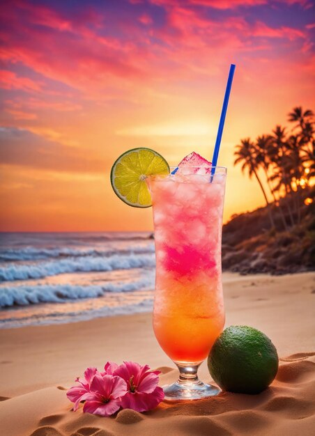 Foto cóctel en la playa al atardecer colorido fondo de verano ai generativo