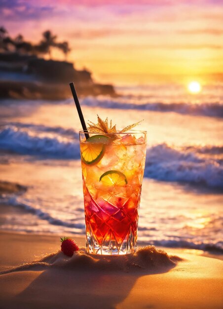 Foto cóctel en la playa al atardecer colorido fondo de verano ai generativo