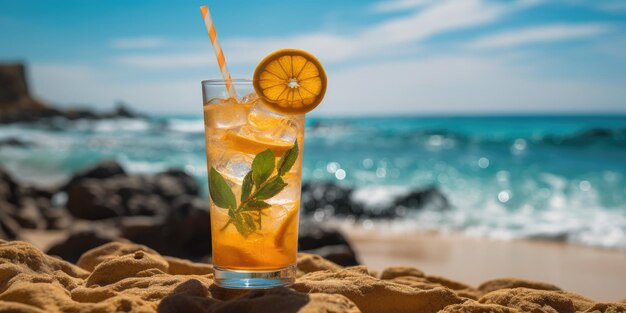 Cóctel en la playa cóctel de naranja con hielo foto de alta calidad IA generativa