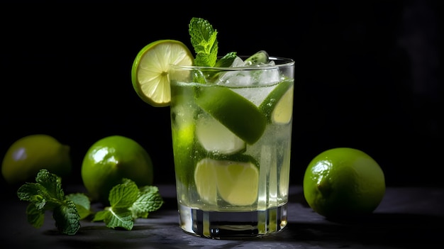 Cóctel refrescante con lima y menta en un vaso de agua verde sobre un fondo oscuro perfecto para beber en verano