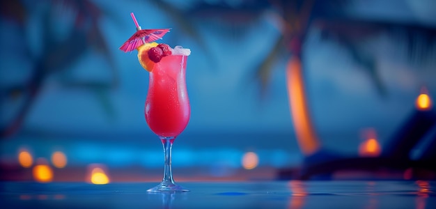 Cóctel rojo con paraguas en la mesa del club de playa por la noche fondo tropical espacio de copia de verano
