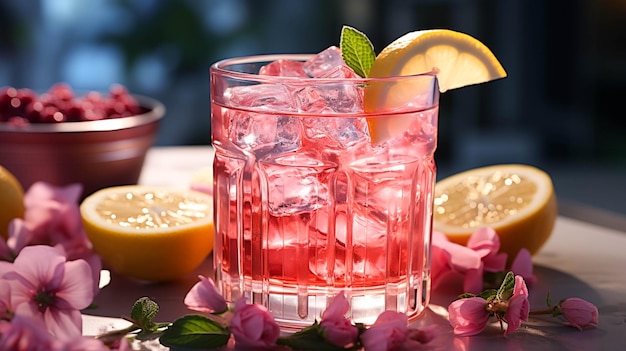 Cóctel rosa alcohólico con limón y hielo en un vaso sobre una mesa blanca