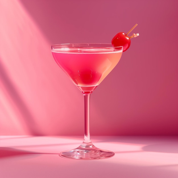 Cóctel rosa con cereza en una copa de martini sobre un fondo rosa