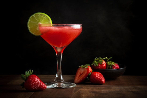 Un cóctel rosa con guarnición de fresas sobre una mesa de madera.