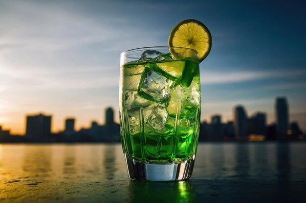 un cóctel Skyline Fizz en un vaso de highball de color azul vibrante