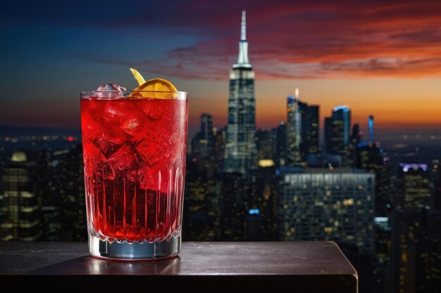 Foto un cóctel skyline fizz en un vaso de highball de color rojo vibrante