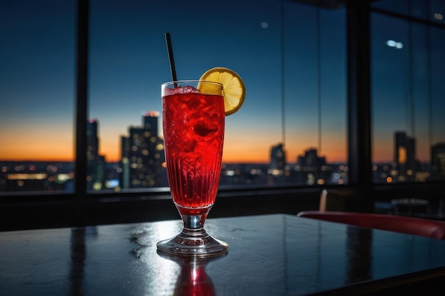 un cóctel Skyline Fizz en un vaso de highball de color rojo vibrante