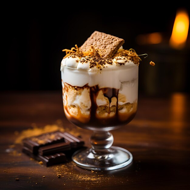 Un cóctel de Smores con crema batida, galletas Graham desmoronadas, chocolate afeitado y una tostada.