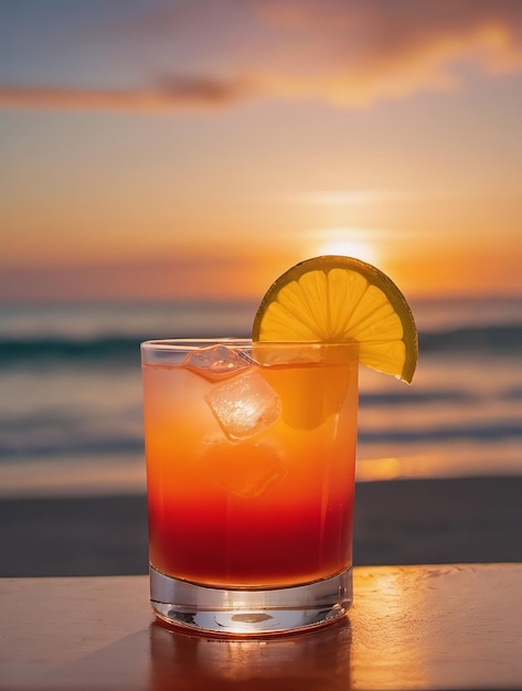 Foto un cóctel de tequila al amanecer colocado en un mostrador de bar con una playa y la puesta de sol en el fondo