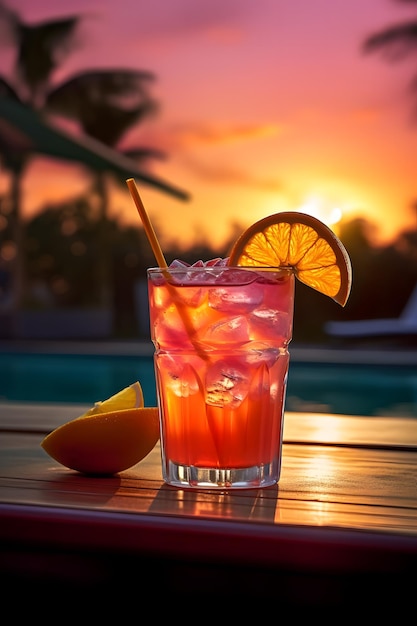 Cóctel de tequila al amanecer en una piscina al atardecer