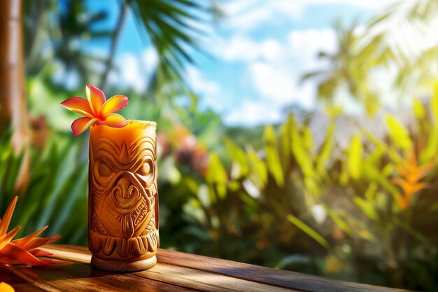 Foto cóctel de tiki tropical en un vaso sobre una mesa de madera contra un fondo de árboles tropicales