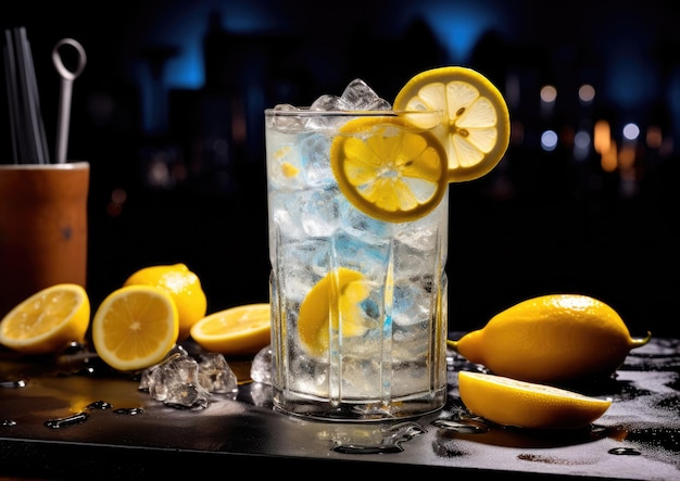 Un cóctel Tom Collins en la barra de un bar rodeado de limones frescos y hielo