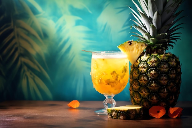 Un cóctel tropical adornado con una rebanada de piña con un fondo tropical realista