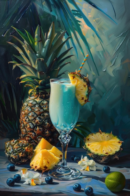 Cóctel tropical con crema batida de curacá azul y guarnición de frutas