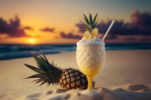 Cóctel tropical de piña colada con puesta de sol de piña en el mar AI Generativo 4