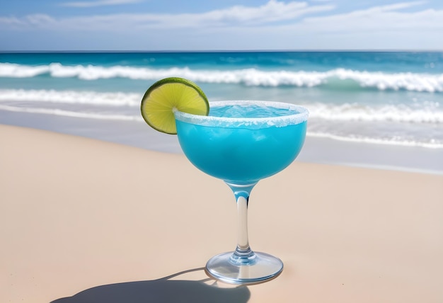 Foto un cóctel tropical en una playa de arena con un océano turquesa y un cielo azul en el fondo