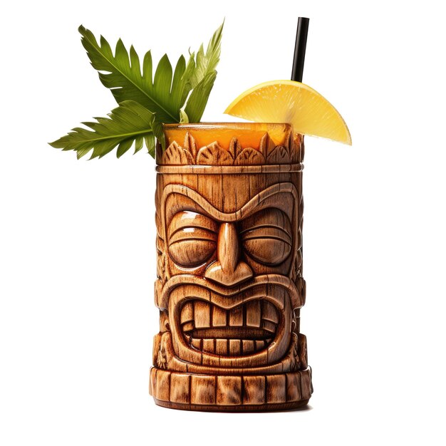 Cóctel tropical servido en un vaso de estilo tiki y adornado con frutas Cóctel Tiki en blanco