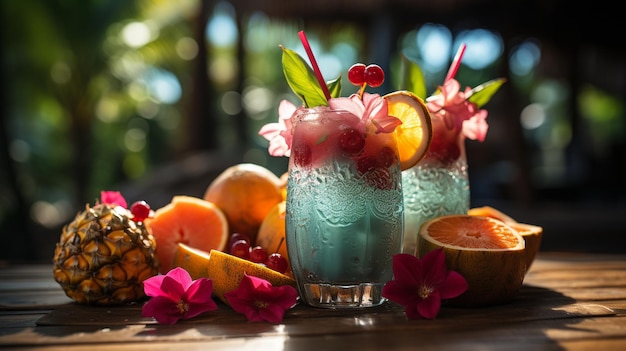 Un cóctel tropical de verano en una mesa en una playa de arena con sombrillas vibrantes y guarniciones de frutasxA