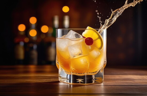 cóctel de verano con cereza y limón whisky ácido cóctel alcohólico bebida gaseosa con hielo Día Internacional de los Bartenders gotas de agua mesa de madera
