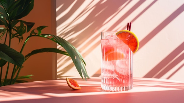Cóctel de verano con fruta y hielo Beber en una mesa blanca sobre una pared rosada a la luz del sol con hojas de palma