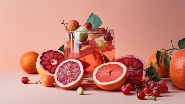 Cóctel de verano de frutas tropicales con bayas de pomelo rojo y hielo sobre fondo azul Diseño mínimo de bebidas frías Ai generativo