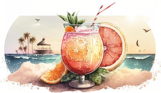 Cóctel de verano de pomelo en la ilustración de estilo acuarela de mar Generative Ai