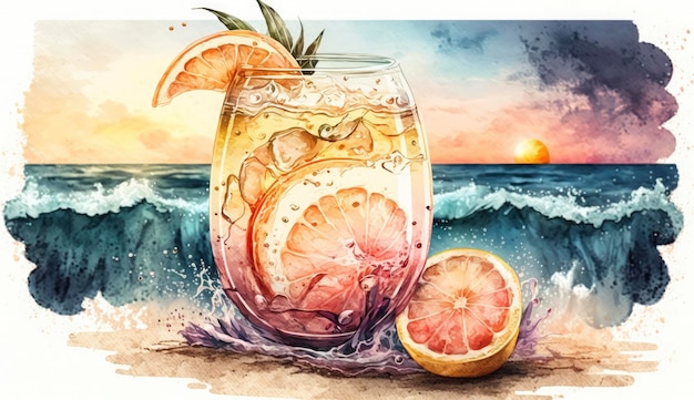 Cóctel de verano de pomelo en la ilustración de estilo acuarela de mar Generative Ai