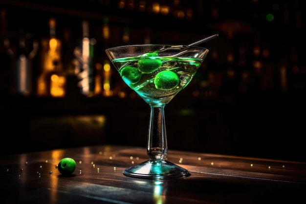 Un cóctel verde en una copa de martini con un líquido verde.