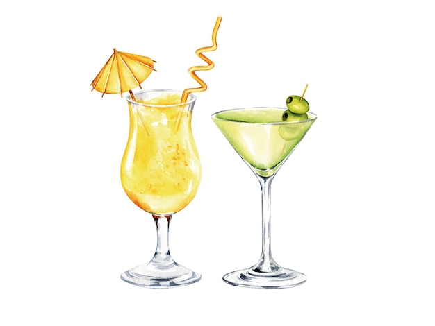 cócteles alcohólicos con un paraguas de paja martini con frutas de oliva verde acuarela ilustración de una bebida refrescante de verano en un vaso boceto de bebidas tropicales tema de comida