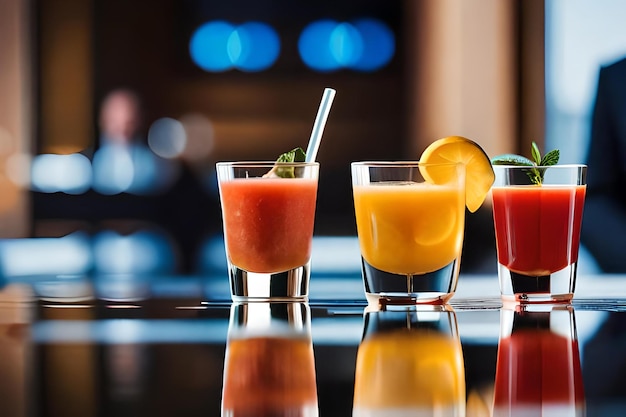 Cócteles en una barra de bar con un vaso de jugo y un jugo de frutas.