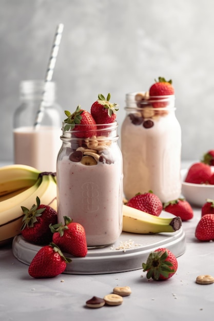 Cócteles de batido de leche de fresa y plátano en vasos batido de verano ajuste de alimentos