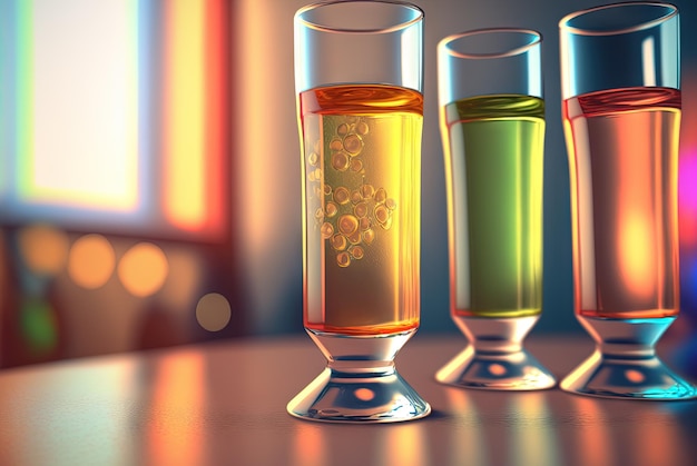 Cócteles de club en la mesa con luz Bebidas jugosas coloridas en vasos AI generado