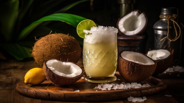 Cócteles de coco en una tabla de madera con cocos y cocos.
