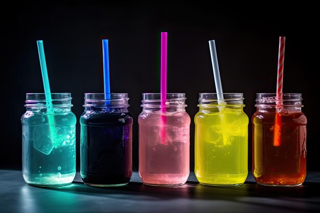 Cócteles coloridos con cubitos de hielo y pajitas sobre una mesa Fondo oscuro IA generativa