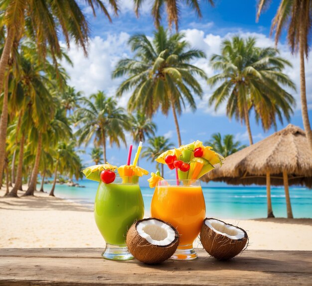 Cócteles exóticos en una playa tropical con palmeras y cielo azul