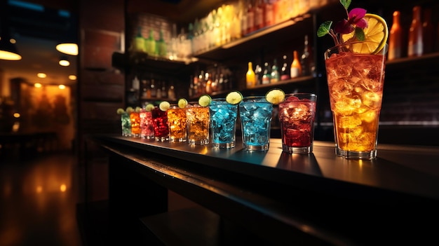 Foto cócteles frescos de todos los sabores servidos en la mesa de una discoteca
