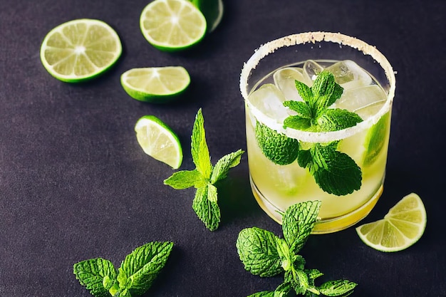 Cócteles fríos de mojito con menta y lima en vidrio empañado