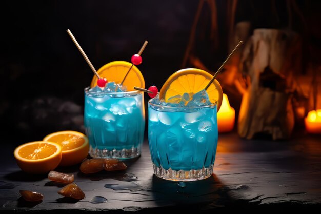 Cocteles de laguna azul y naranja con rebanadas de fruta