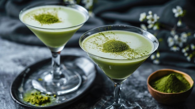 Cócteles de matcha en vasos de martini con polvo de matcha verde en la parte superior