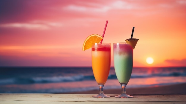 Cócteles en una playa con un atardecer de fondo