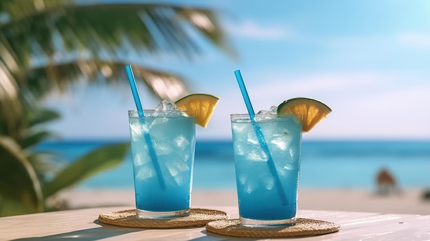 Cócteles en una playa con palmeras al fondo.