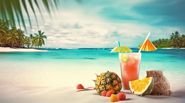 Cócteles tropicales en decoraciones de playa.