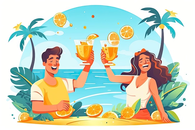 Cócteles tropicales en la fiesta de playa Amigos felices tienen cócteles de color Bebidas frutas frías Ilustración generativa de IA