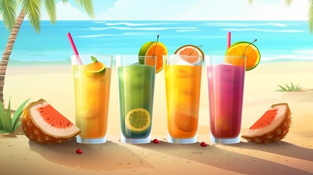 Cócteles tropicales con frutas frescas en un impresionante paraíso playero