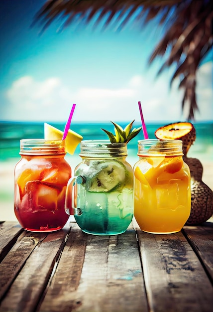 Foto cócteles en unas vacaciones tropicales de lujo frutas tropicales con cócteles de jugo fresco en frascos de vidrio